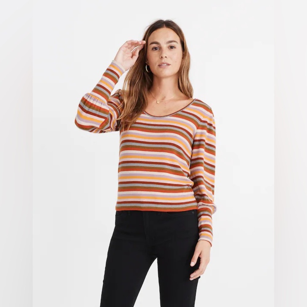 Madewell Striped Puff-Sleeve‎ Scoopneck Top Small